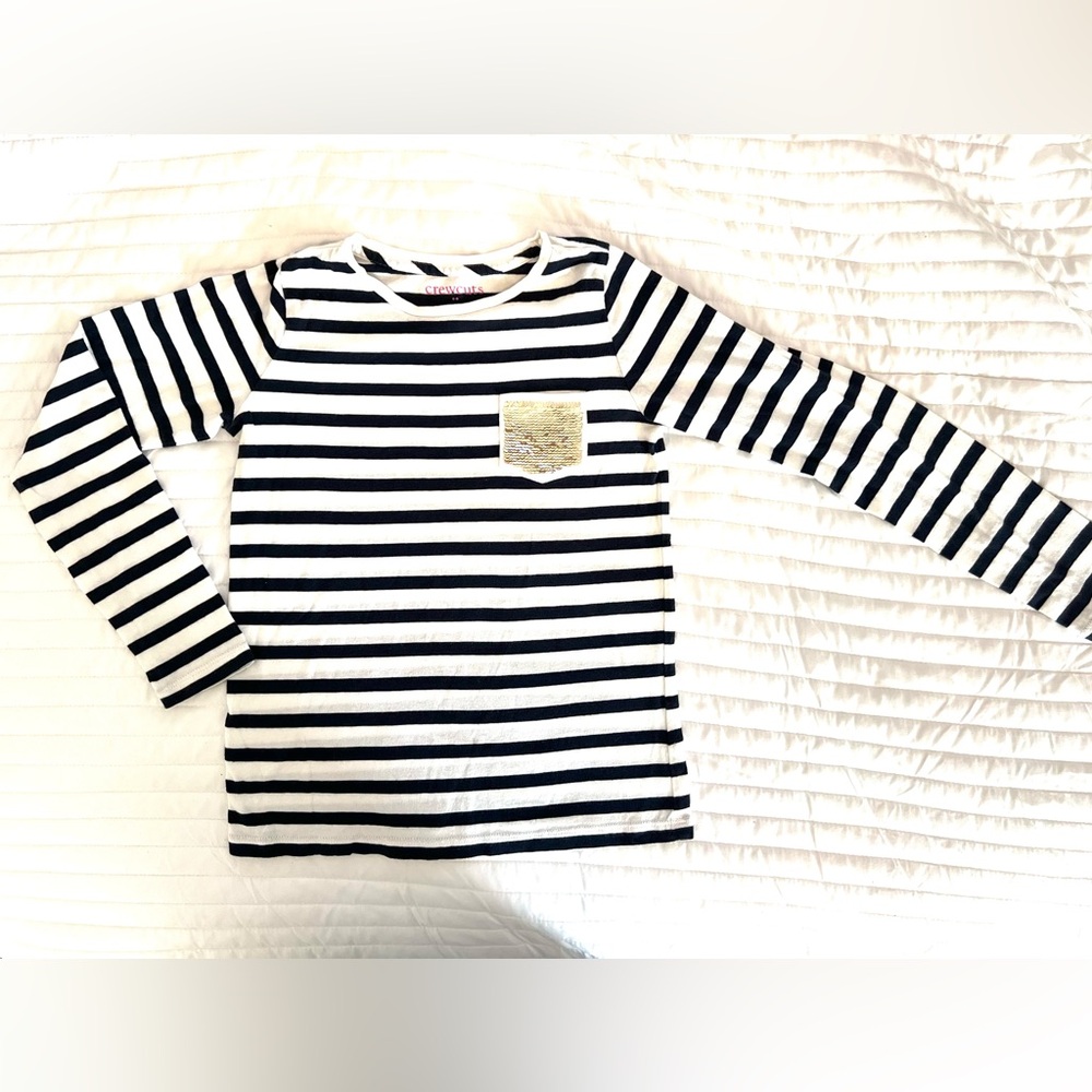 Crewcuts Navy and White Striped Long Sleeve Tee with Gold sequin Pocket